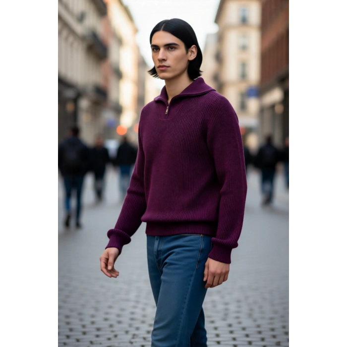 Erkek Casual Giyim İçin İdeal Regular Fit Düz Desen Fermuarlı Balıkçı Yaka Kalın Triko Kazak