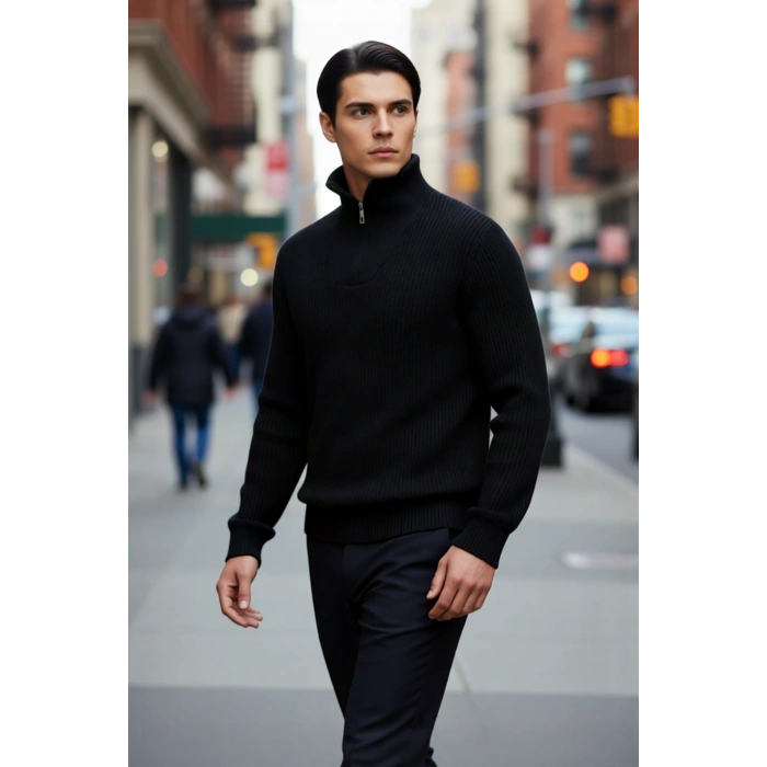 Erkek Casual Giyim İçin İdeal Regular Fit Düz Desen Fermuarlı Balıkçı Yaka Kalın Triko Kazak