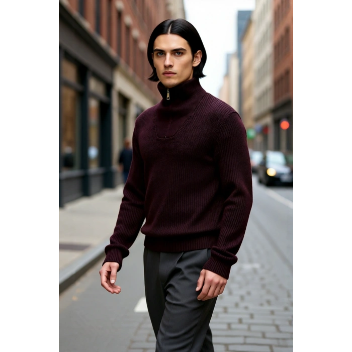 Erkek Casual Giyim İçin İdeal Regular Fit Düz Desen Fermuarlı Balıkçı Yaka Kalın Triko Kazak