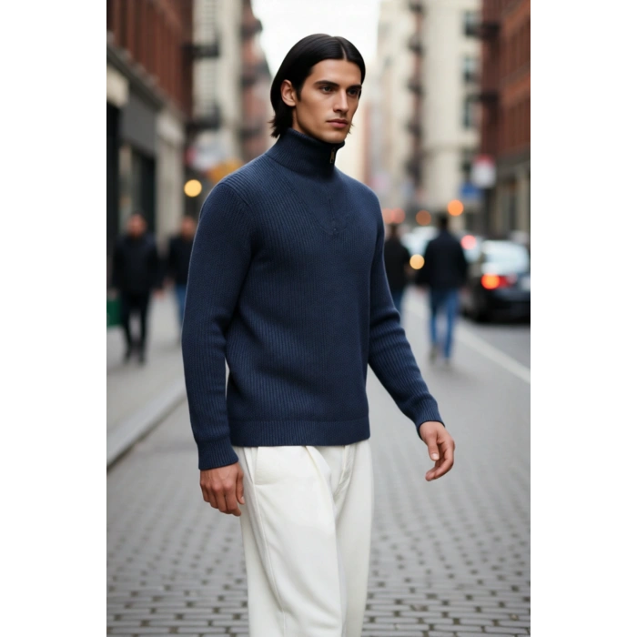 Erkek Casual Giyim İçin İdeal Regular Fit Düz Desen Fermuarlı Balıkçı Yaka Kalın Triko Kazak