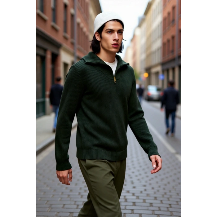 Erkek Casual Giyim İçin İdeal Regular Fit Düz Desen Fermuarlı Balıkçı Yaka Kalın Triko Kazak