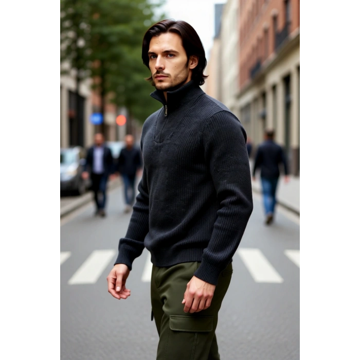 Erkek Casual Giyim İçin İdeal Regular Fit Düz Desen Fermuarlı Balıkçı Yaka Kalın Triko Kazak