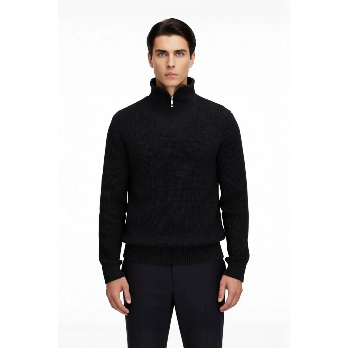 Erkek Casual Giyim İçin İdeal Regular Fit Düz Desen Fermuarlı Balıkçı Yaka Kalın Triko Kazak