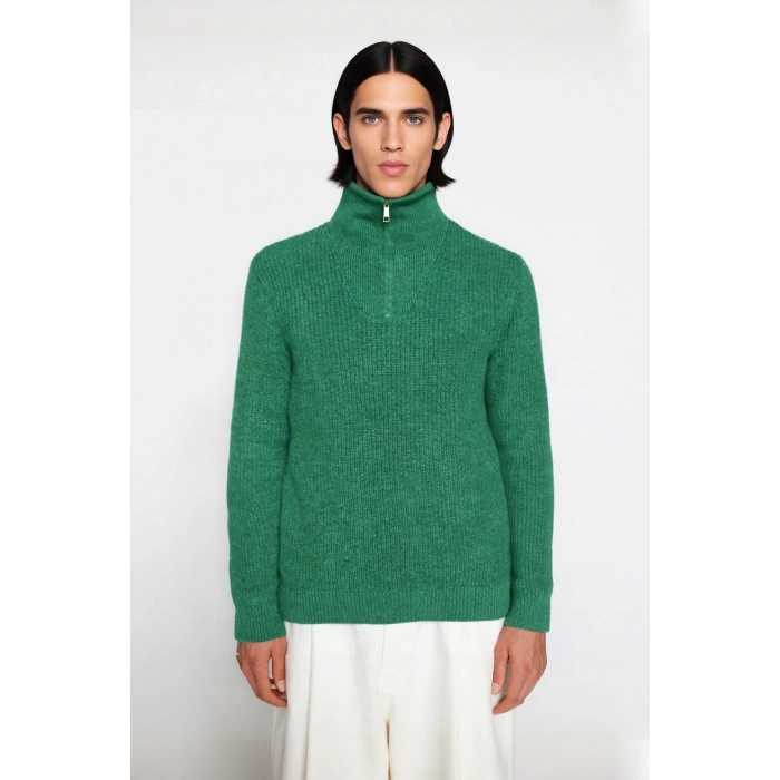 Erkek Casual Giyim İçin İdeal Regular Fit Düz Desen Fermuarlı Balıkçı Yaka Kalın Triko Kazak