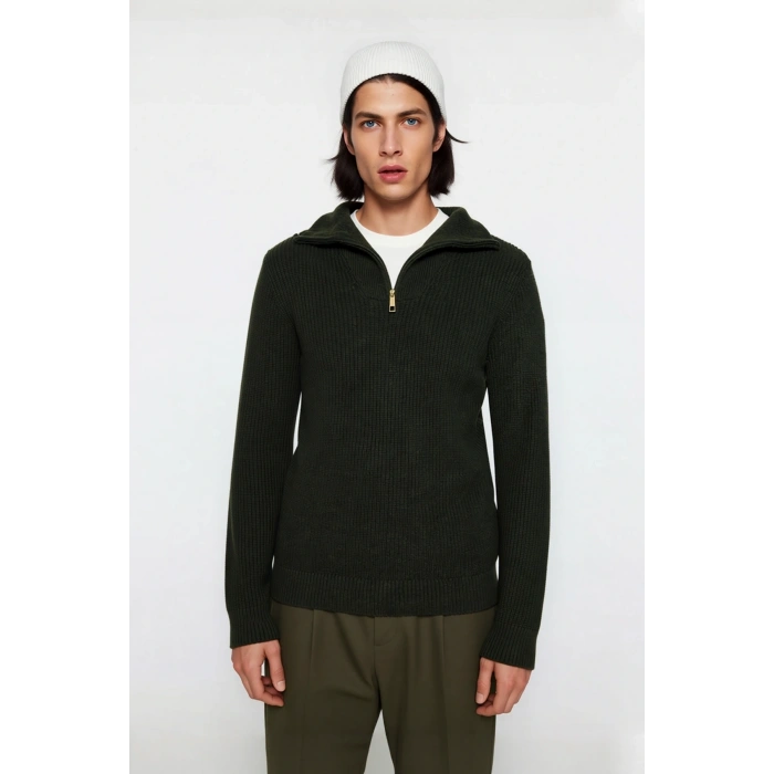 Erkek Casual Giyim İçin İdeal Regular Fit Düz Desen Fermuarlı Balıkçı Yaka Kalın Triko Kazak