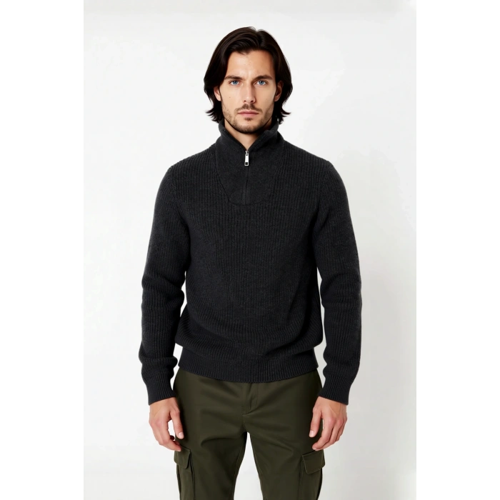 Erkek Casual Giyim İçin İdeal Regular Fit Düz Desen Fermuarlı Balıkçı Yaka Kalın Triko Kazak