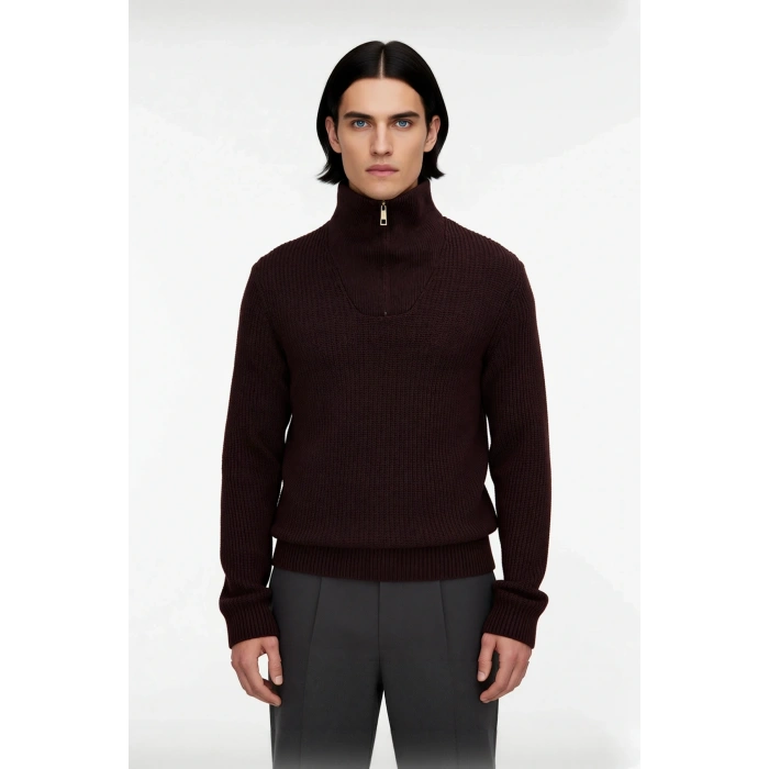 Erkek Casual Giyim İçin İdeal Regular Fit Düz Desen Fermuarlı Balıkçı Yaka Kalın Triko Kazak