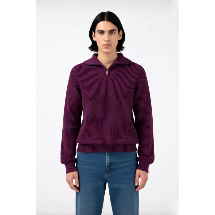 Erkek Casual Giyim İçin İdeal Regular Fit Düz Desen Fermuarlı Balıkçı Yaka Kalın Triko Kazak