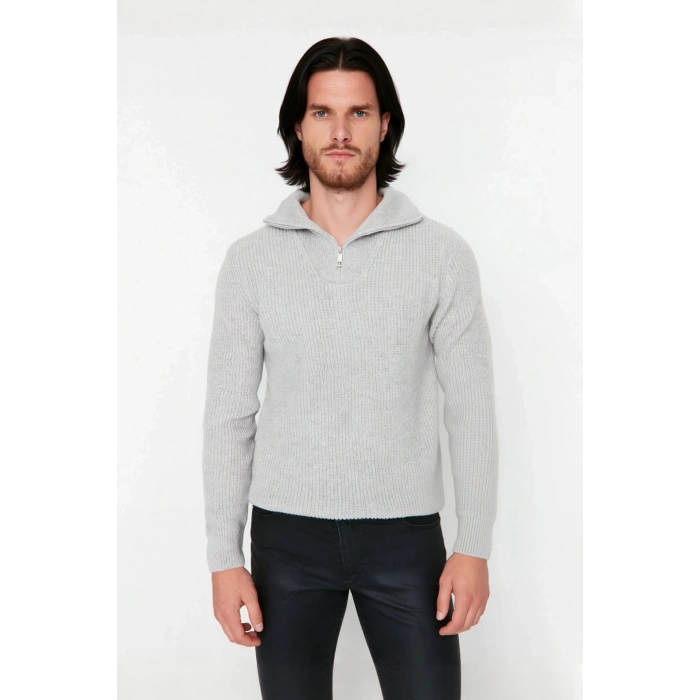 Erkek Casual Giyim İçin İdeal Regular Fit Düz Desen Fermuarlı Balıkçı Yaka Kalın Triko Kazak