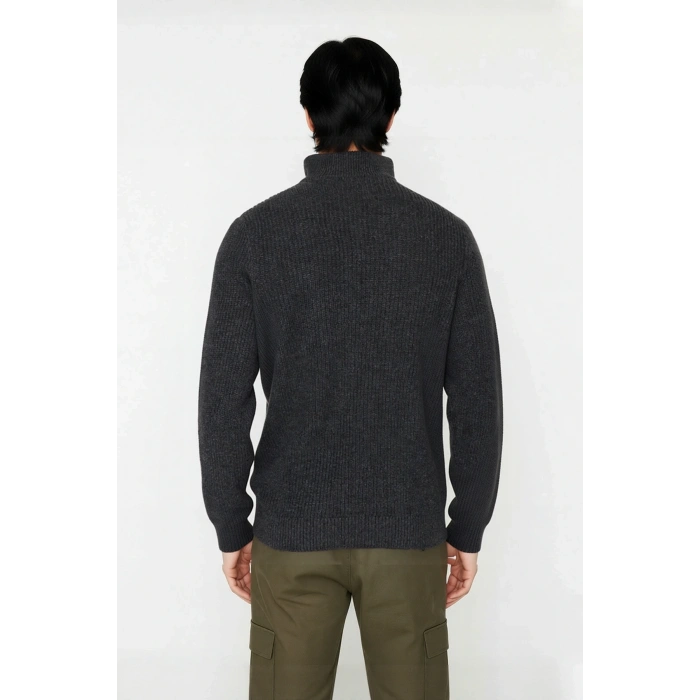 Erkek Casual Giyim İçin İdeal Regular Fit Düz Desen Fermuarlı Balıkçı Yaka Kalın Triko Kazak