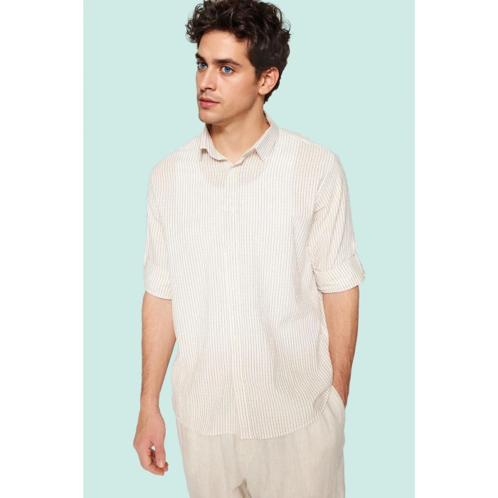 Erkek Casual Keten Karışımlı Çizgili Gömlek Regular Fit Yaka Uzun Kollu Yaz Aylarının Vazgeçilmezi