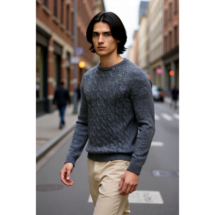 Erkek Casual Saç Örgü Desenli Slim Fit Triko Kazak Kışın Günlük Kombinler İçin İdeal Model