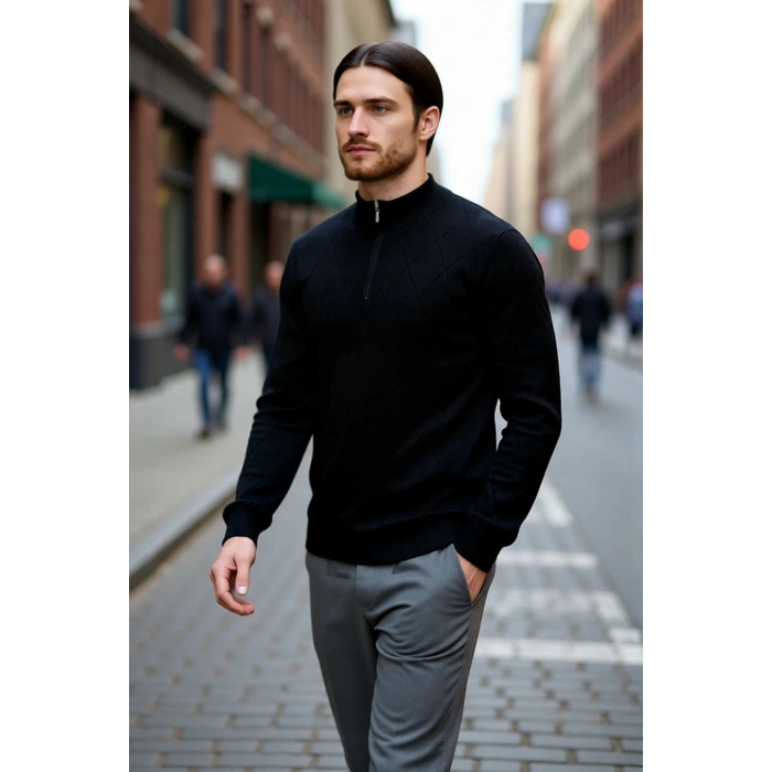 Erkek Casual Şık Regular Fit Pamuk Akrilik Triko Yarım Balıkçı Fermuarlı Kazak Kış İçin Kaliteli