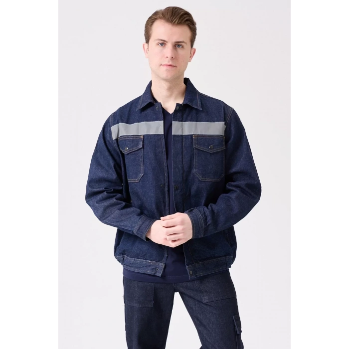 Erkek Denim ISG Mont Koyu Reflektör Detaylı CE Tulipa Kot İş Güvenliği Reflektörlü Ceket