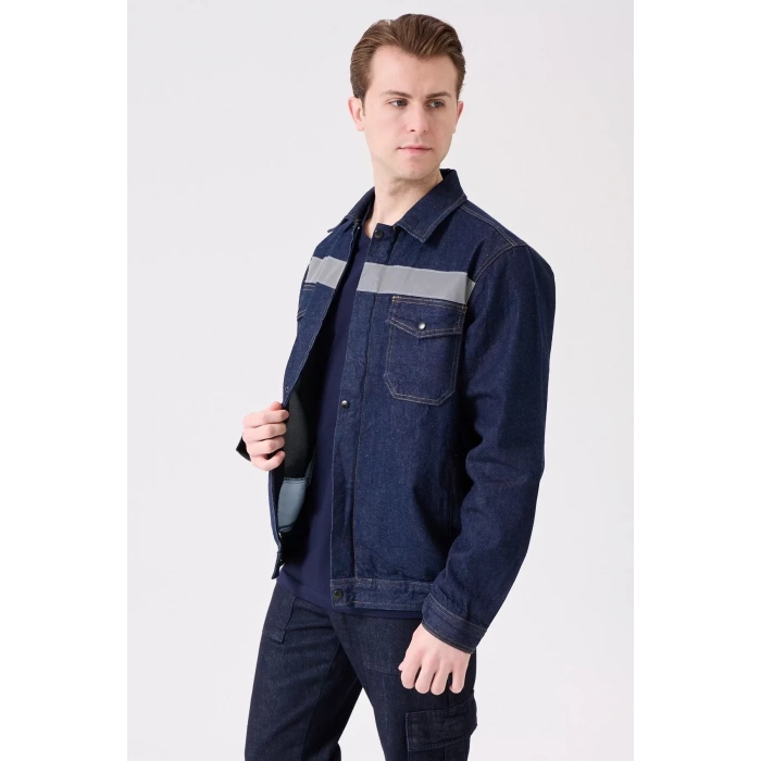 Erkek Denim ISG Mont Koyu Reflektör Detaylı CE Tulipa Kot İş Güvenliği Reflektörlü Ceket