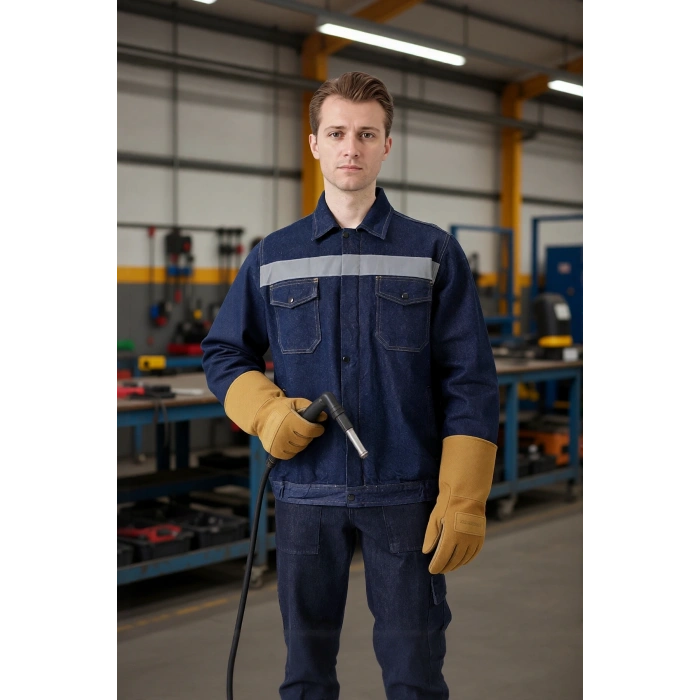 Erkek Denim ISG Mont Koyu Reflektör Detaylı CE Tulipa Kot İş Güvenliği Reflektörlü Ceket