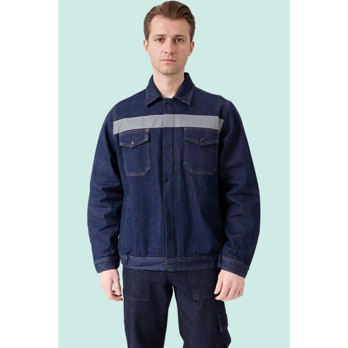 Erkek Denim ISG Mont Koyu Reflektör Detaylı CE Tulipa Kot İş Güvenliği Reflektörlü Ceket