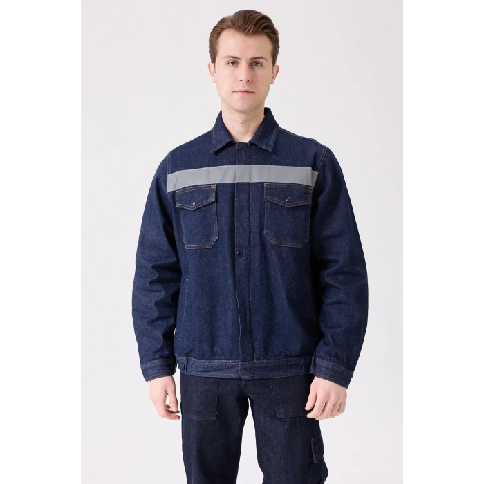 Erkek Denim ISG Mont Koyu Reflektör Detaylı CE Tulipa Kot İş Güvenliği Reflektörlü Ceket