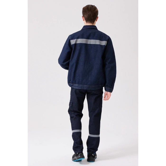 Erkek Denim ISG Mont Koyu Reflektör Detaylı CE Tulipa Kot İş Güvenliği Reflektörlü Ceket