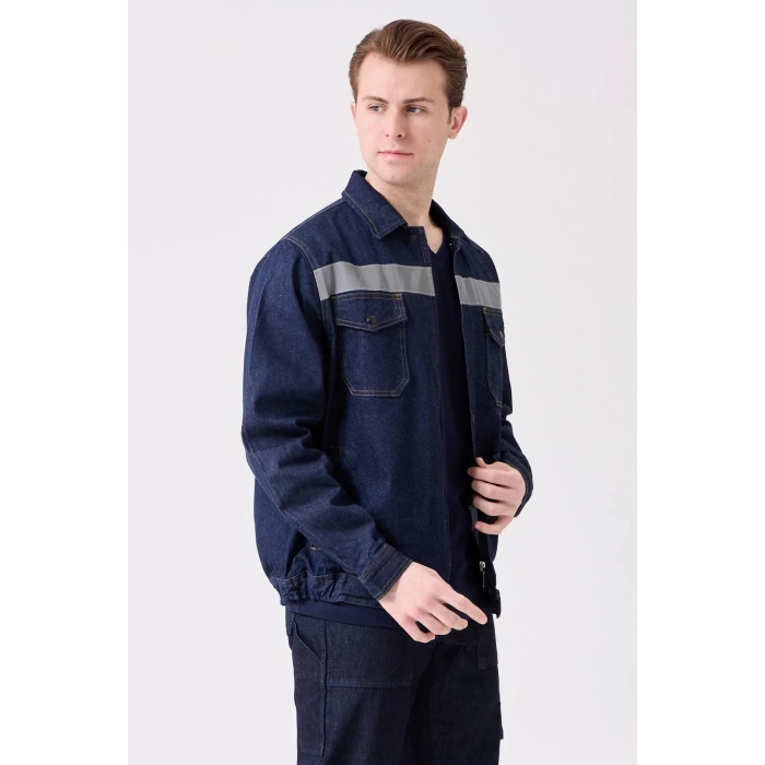 Erkek Denim ISG Mont Koyu Reflektör Detaylı CE Tulipa Kot İş Güvenliği Reflektörlü Ceket