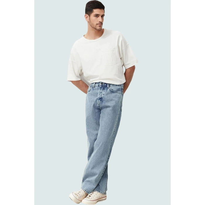 Erkek Denim Kot Pantolon Baggy Fit Geniş Paça Pamuk 5 Cep Regular Boy Günlük Şıklık Hafta Sonu