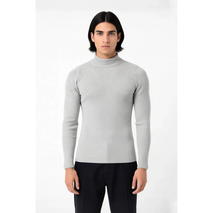 Erkek Dik Yaka Uzun Kol Fitilli Dar Kalıp Triko Kazak Kış Sezonu İçin Modern ve Konforlu Stil
