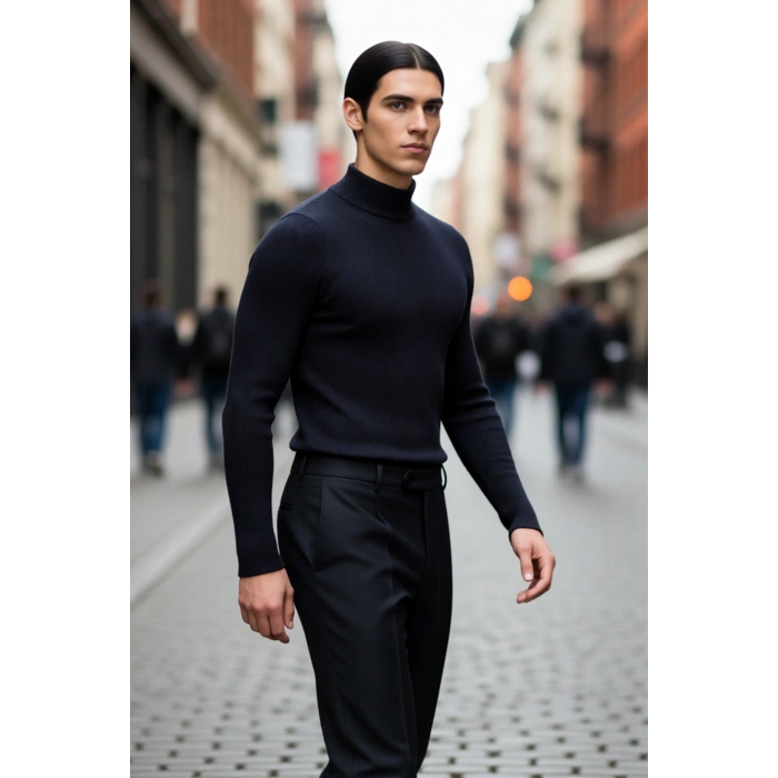 Erkek Dik Yaka Uzun Kol Fitilli Dar Kalıp Triko Kazak Kış Sezonu İçin Modern ve Konforlu Stil