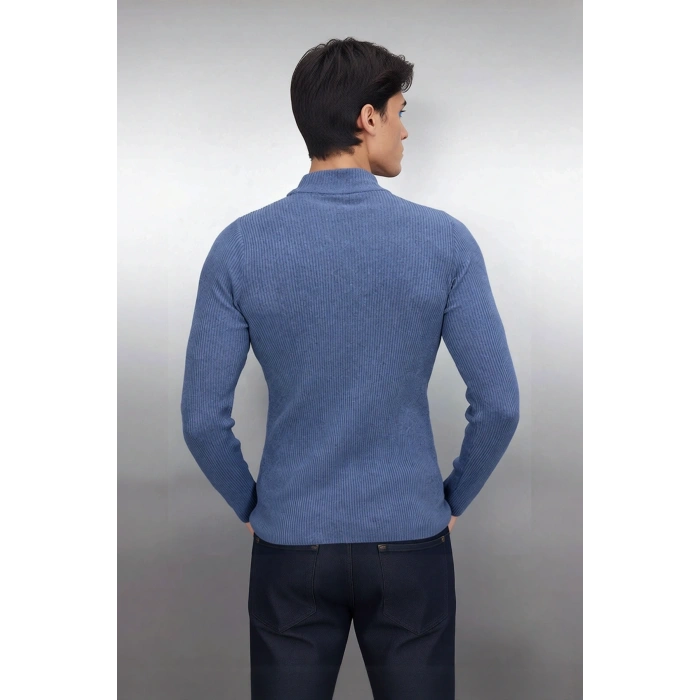 Erkek Dik Yaka Uzun Kol Fitilli Dar Kalıp Triko Kazak Kış Sezonu İçin Modern ve Konforlu Stil