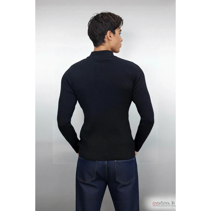 Erkek Dik Yaka Uzun Kol Fitilli Dar Kalıp Triko Kazak Kış Sezonu İçin Modern ve Konforlu Stil