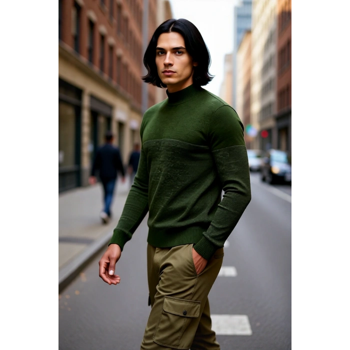 Erkek Dokulu Dik Yaka Triko Kazak Slim Fit Kesimiyle Kış Aylarına Modern Dokunuşlar Katın Kaliteli