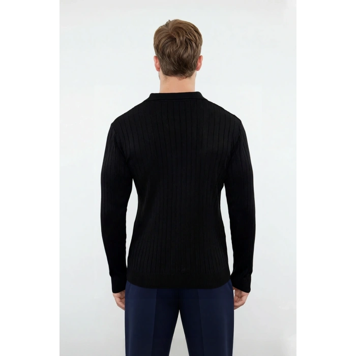 Erkek Düz Desen Fitted Polo Yaka Akrilik Triko Kazak Günlük Kullanım İçin Rahat ve Modern Kaliteli