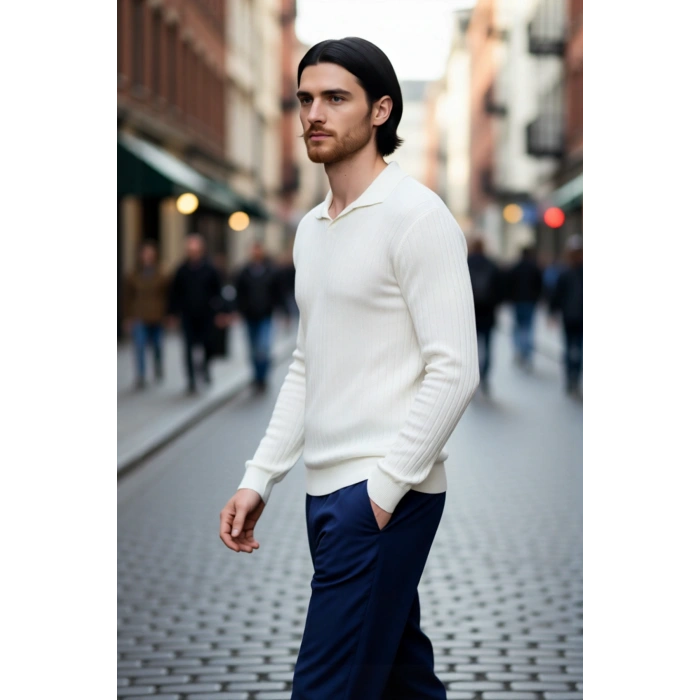 Erkek Düz Desen Fitted Polo Yaka Akrilik Triko Kazak Günlük Kullanım İçin Rahat ve Modern Kaliteli