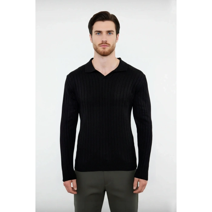 Erkek Ekru Fitted Polo Yaka Uzun Kollu İnce Triko Kazak Basic Şık Günlük Kombinler İçin İdeal