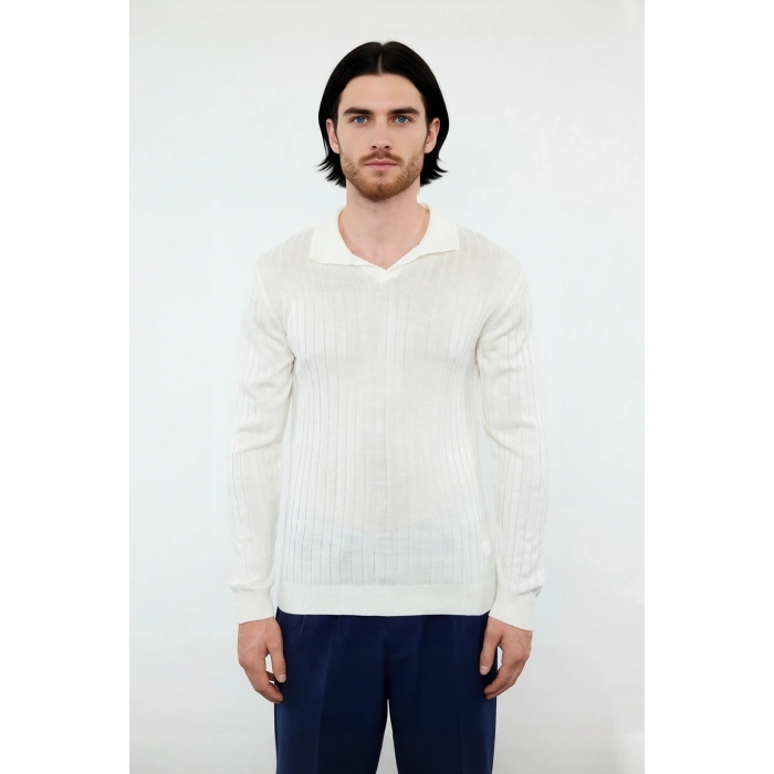 Erkek Ekru Fitted Polo Yaka Uzun Kollu İnce Triko Kazak Basic Şık Günlük Kombinler İçin İdeal