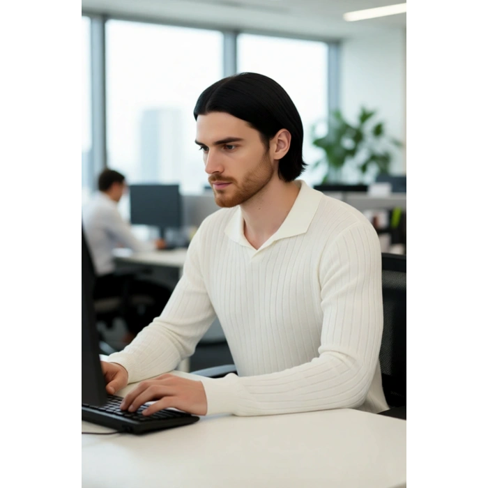 Erkek Ekru Fitted Polo Yaka Uzun Kollu İnce Triko Kazak Basic Şık Günlük Kombinler İçin İdeal