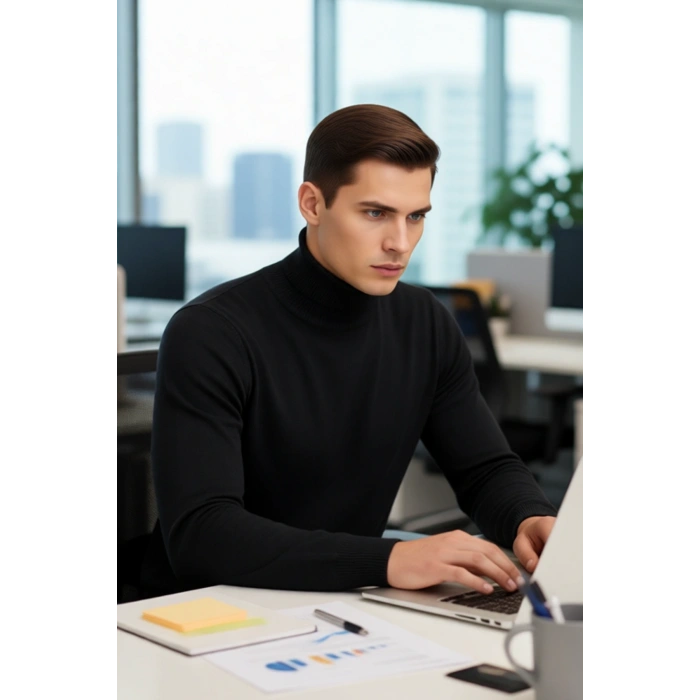 Erkek Fitted Balıkçı Yaka Akrilik Triko Düz Uzun Kollu Basic Kazak Soğuk Havalar İçin Şık Seçim