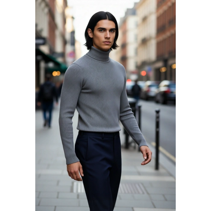 Erkek Fitted Balıkçı Yaka Fitilli Pamuklu Kışlık Kazak Soğuk Havalarda Tarz Sahibi Görünüm Sağlar