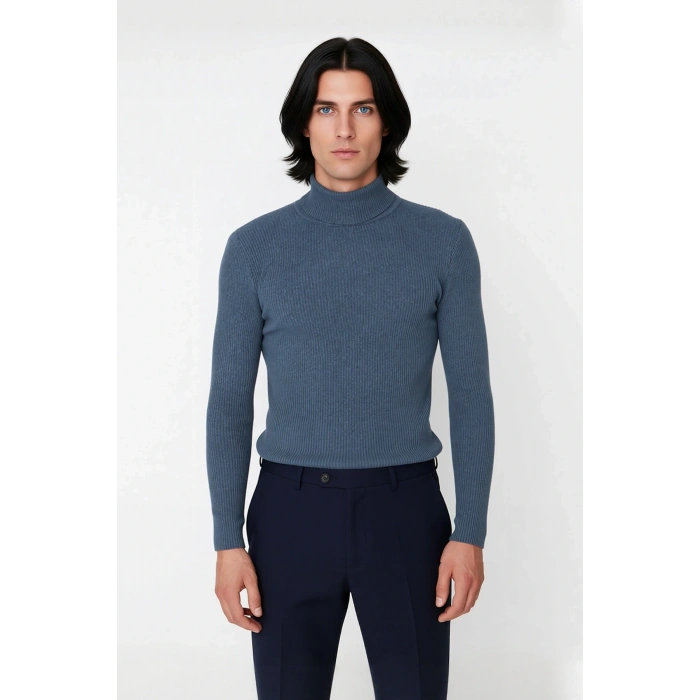 Erkek Fitted Balıkçı Yaka Fitilli Pamuklu Kışlık Kazak Soğuk Havalarda Tarz Sahibi Görünüm Sağlar