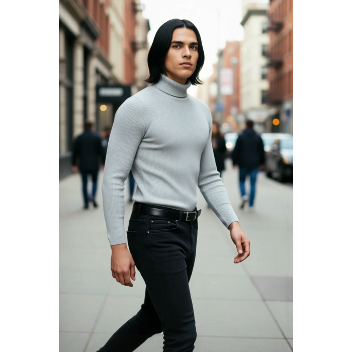 Erkek Fitted Balıkçı Yaka Fitilli Triko Kazak Kış Günleri İçin İdeal Şıklığı ve Konforu Sunar