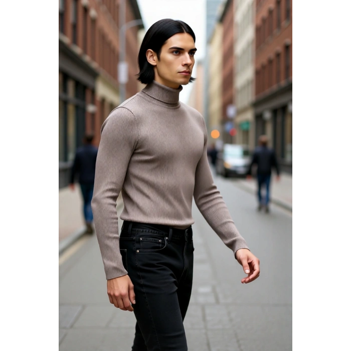 Erkek Fitted Balıkçı Yaka Fitilli Triko Kazak Kış Günleri İçin İdeal Şıklığı ve Konforu Sunar
