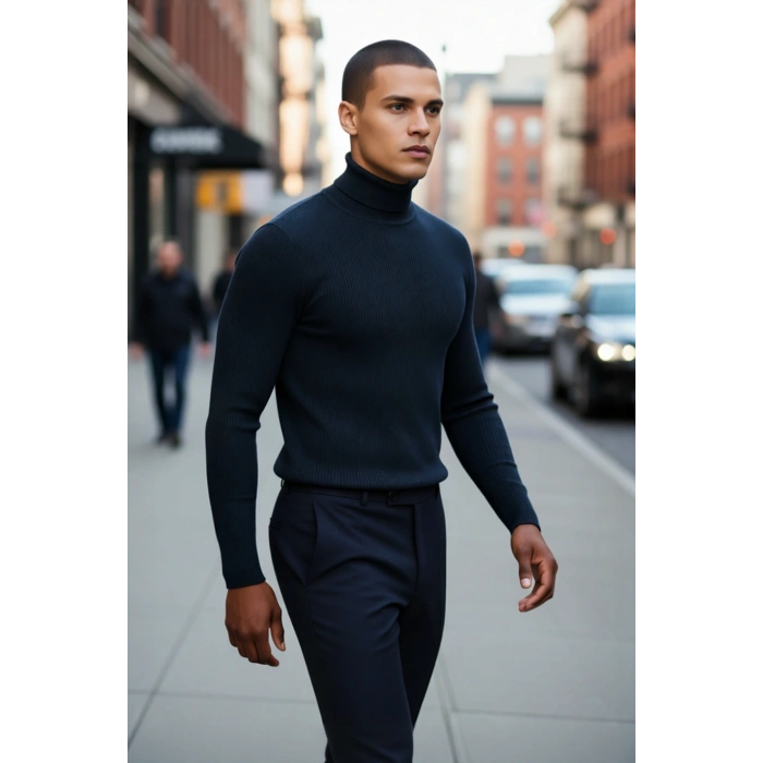 Erkek Fitted Balıkçı Yaka Fitilli Triko Kazak Kış Günleri İçin İdeal Şıklığı ve Konforu Sunar
