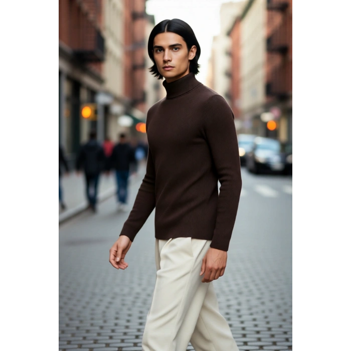 Erkek Fitted Balıkçı Yaka Fitilli Triko Kazak Kış Günleri İçin İdeal Şıklığı ve Konforu Sunar