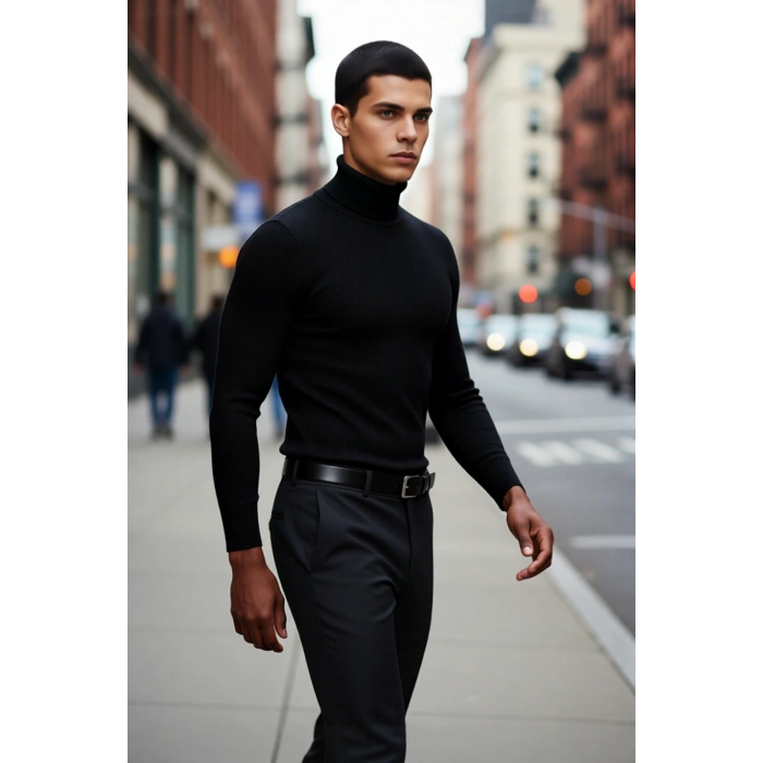 Erkek Fitted Balıkçı Yaka Fitilli Triko Kazak Kış Günleri İçin İdeal Şıklığı ve Konforu Sunar