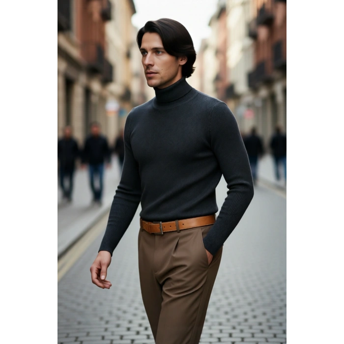 Erkek Fitted Balıkçı Yaka Fitilli Triko Kazak Kış Günleri İçin İdeal Şıklığı ve Konforu Sunar