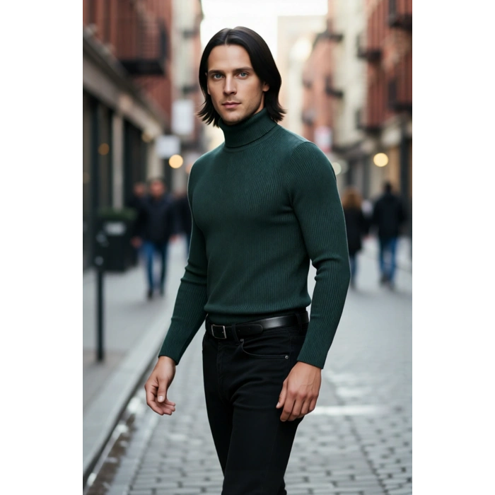 Erkek Fitted Balıkçı Yaka Fitilli Triko Kazak Kış Günleri İçin İdeal Şıklığı ve Konforu Sunar