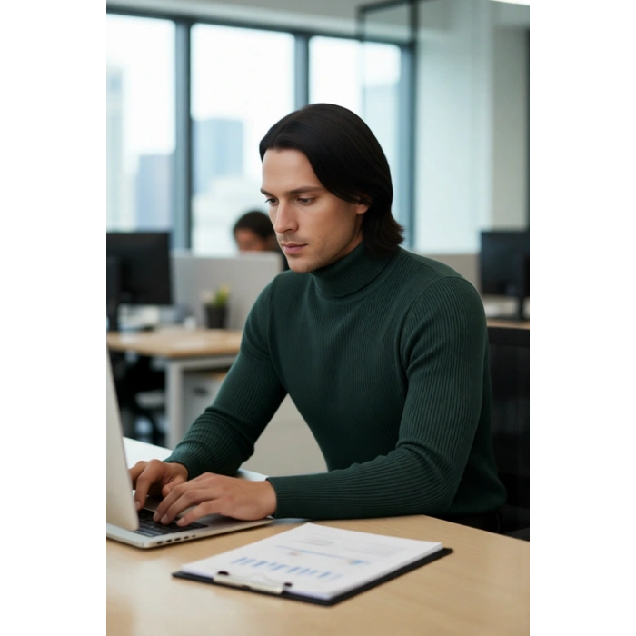 Erkek Fitted Balıkçı Yaka Fitilli Uzun Kollu Kazak Günlük Şıklığı ve Kış Konforunu Birleştirir