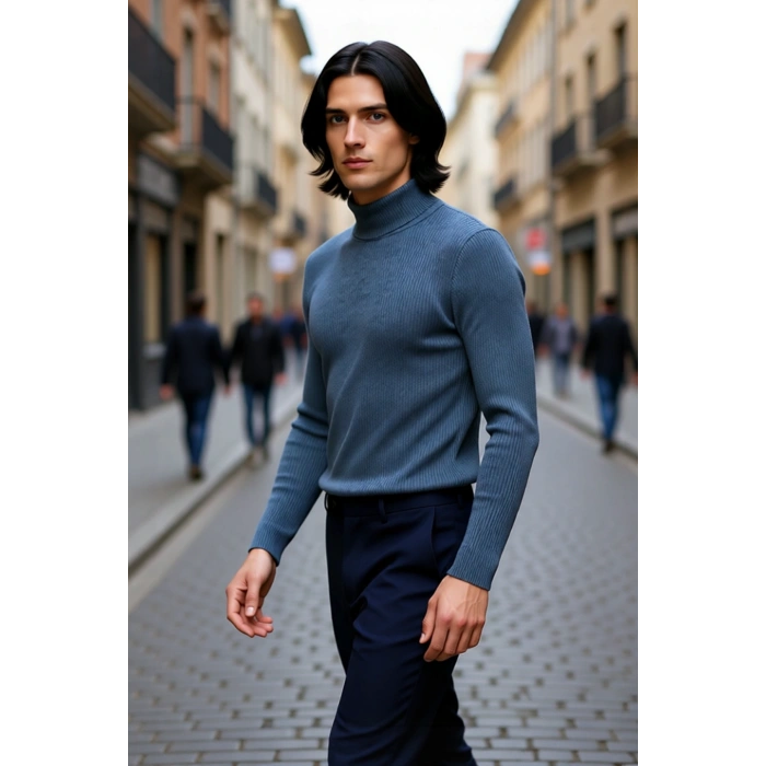 Erkek Fitted Balıkçı Yaka Fitilli Uzun Kollu Kazak Günlük Şıklığı ve Kış Konforunu Birleştirir