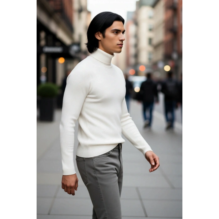 Erkek Fitted Balıkçı Yaka Fitilli Uzun Kollu Kazak Günlük Şıklığı ve Kış Konforunu Birleştirir