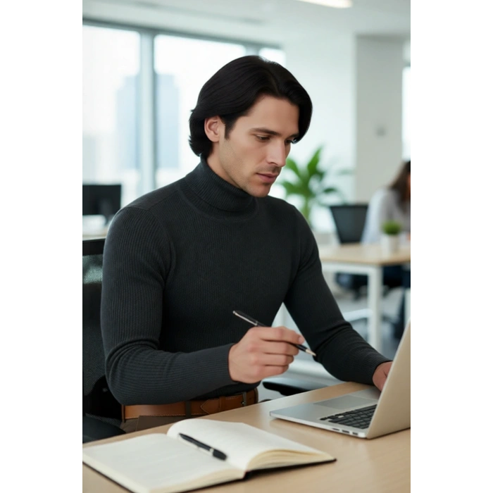 Erkek Fitted Balıkçı Yaka Fitilli Uzun Kollu Kazak Günlük Şıklığı ve Kış Konforunu Birleştirir