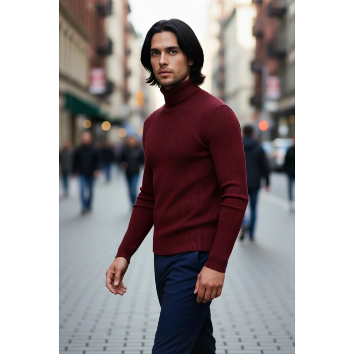 Erkek Fitted Balıkçı Yaka Fitilli Uzun Kollu Kazak Günlük Şıklığı ve Kış Konforunu Birleştirir